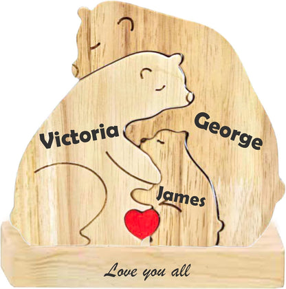 Custom Wooden Bear Family Puzzle with 2–7 Names – Gift for Family