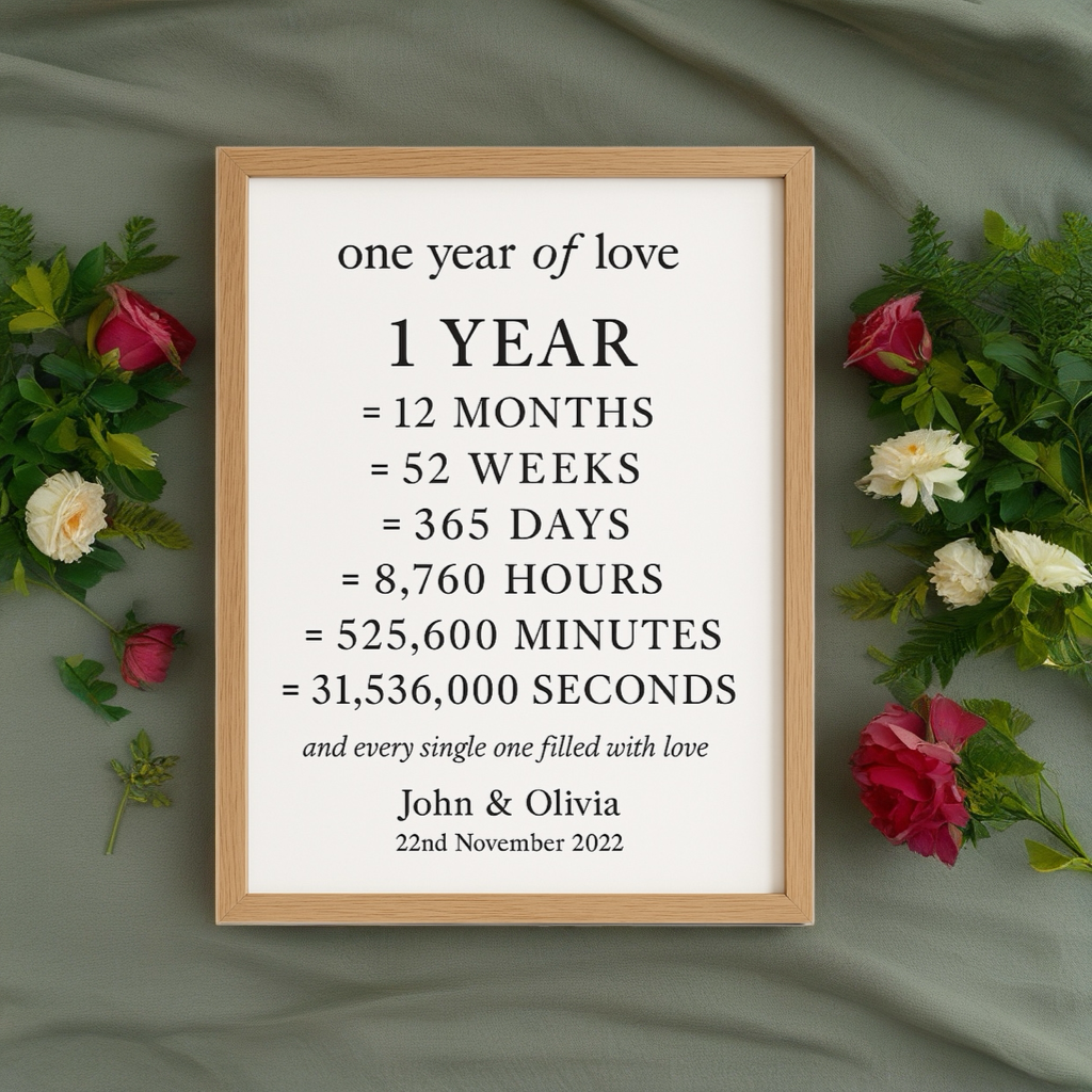 1 Year Anniversary Gift – Personalized Poster with Frame | A4, A3, A2 Sizes
