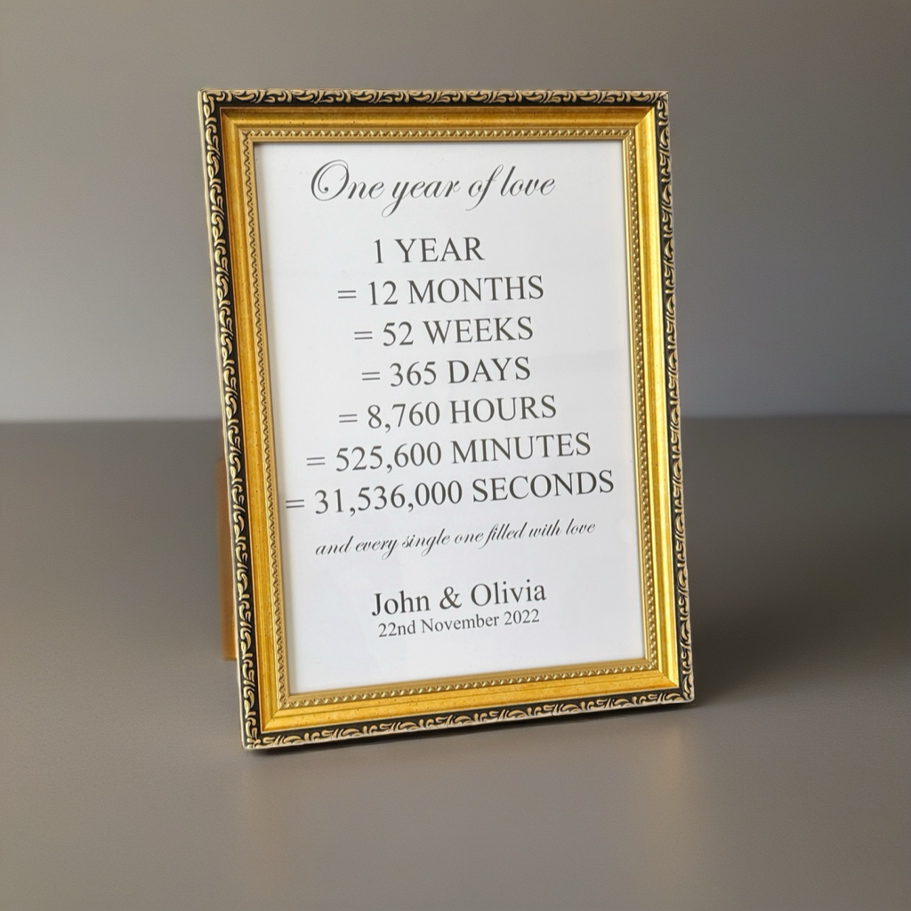 1 Year Anniversary Gift – Personalized Poster with Frame | A4, A3, A2 Sizes