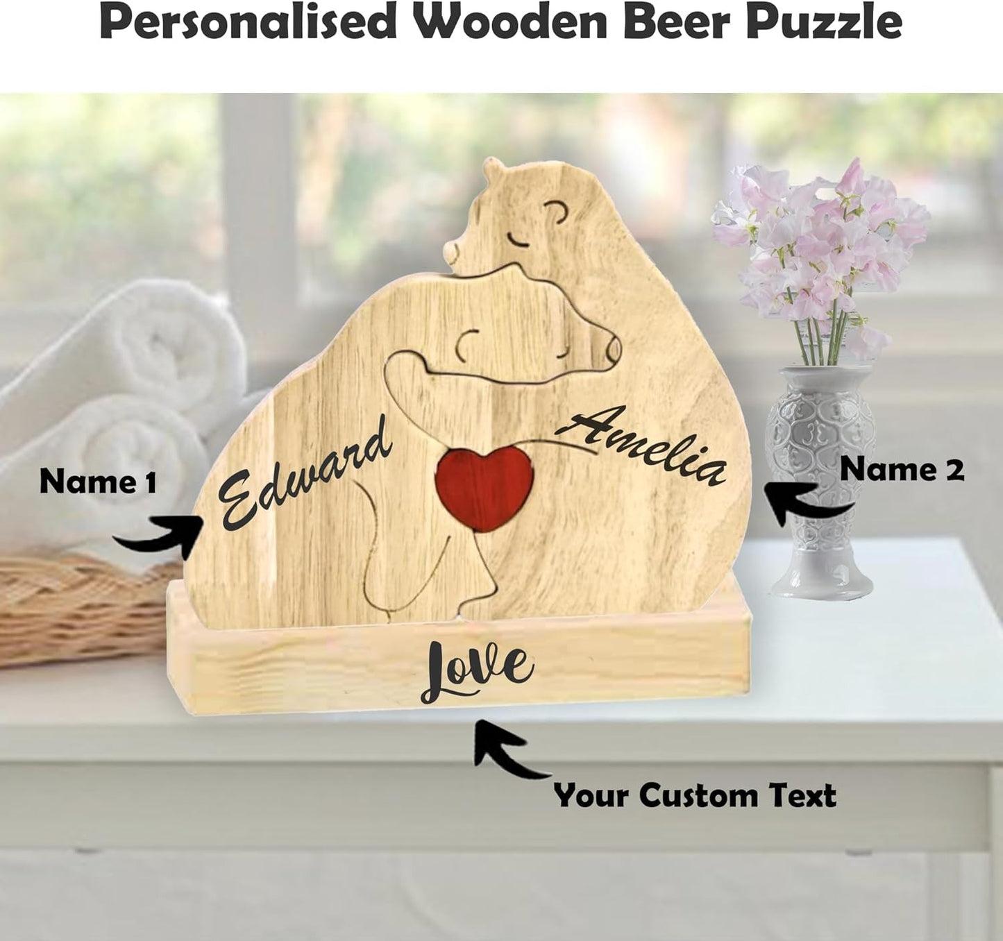Custom Wooden Bear Family Puzzle with 2–7 Names – Gift for Family