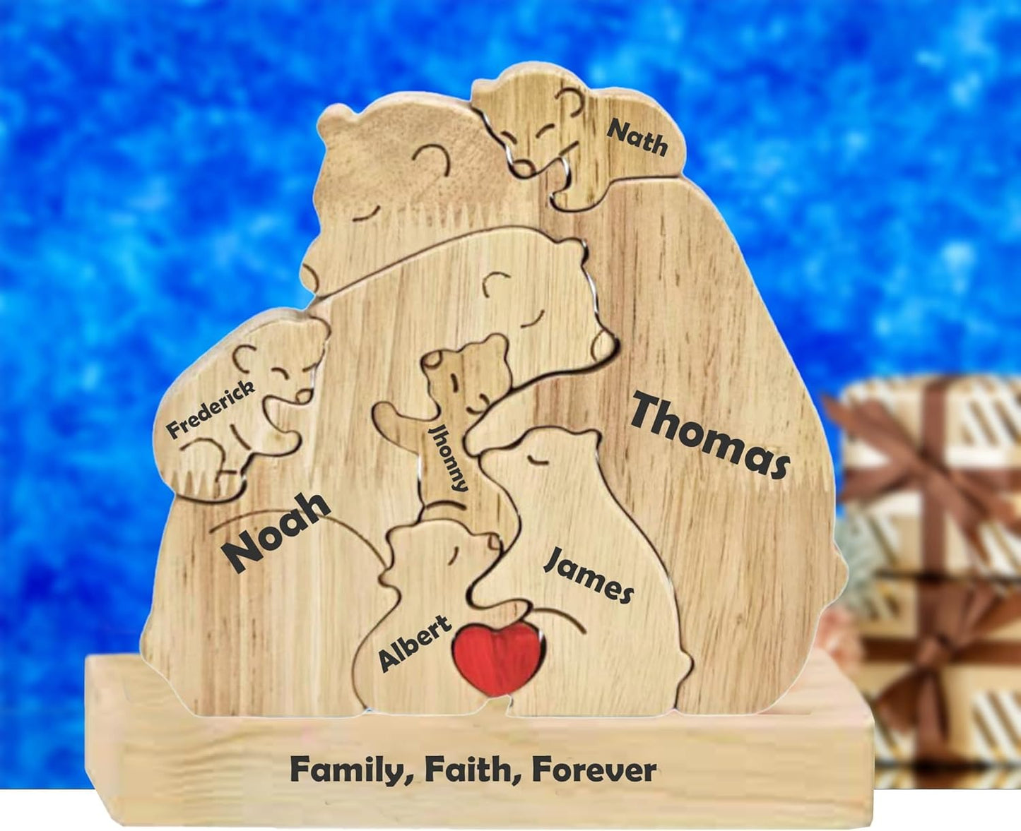 Custom Wooden Bear Family Puzzle with 2–7 Names – Gift for Family